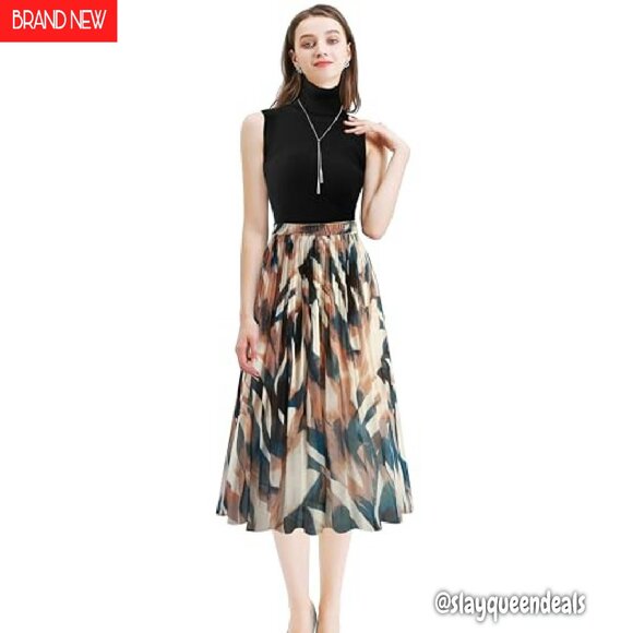 Women's Pleated Chiffon Skirt Elastic Waist A-Line Midi Length - Picture 7 of 8